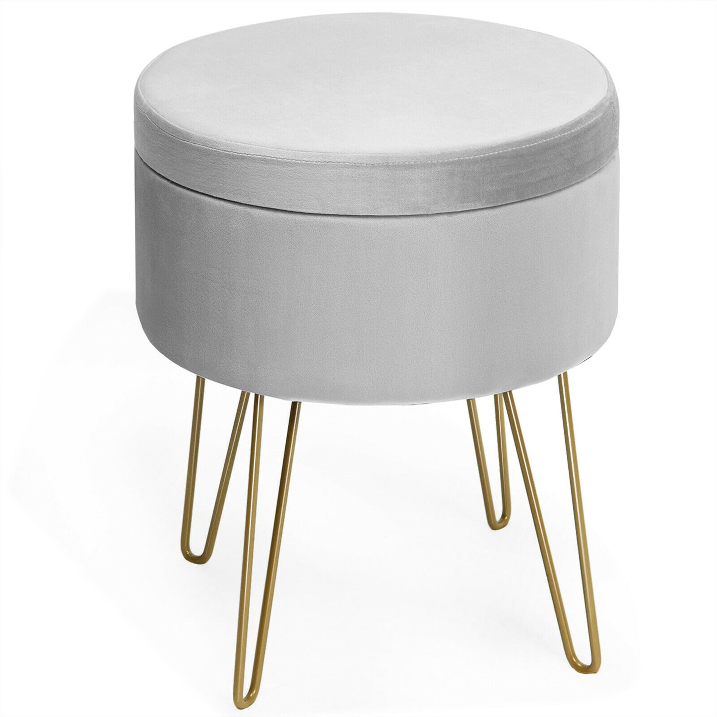 Elegant Round Storage Ottoman with Soft Velvet Upholstery and Gold Legs - Grey
