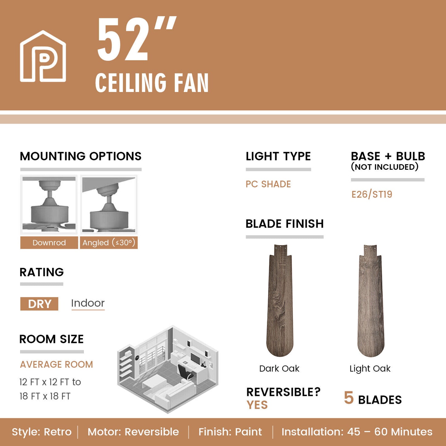 52 Inch Retro Ceiling Fan with Remote Control & Dual-Finish Oak Blades