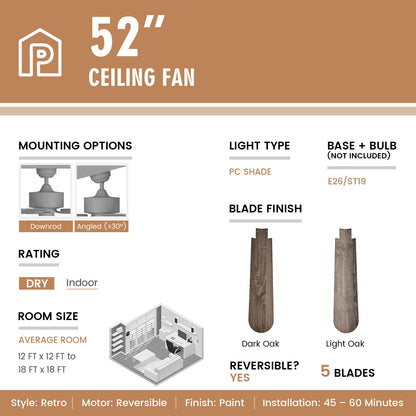 52 Inch Retro Ceiling Fan with Remote Control & Dual-Finish Oak Blades