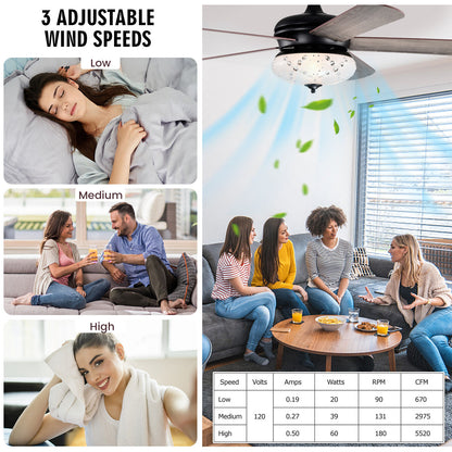 52 Inch Retro Ceiling Fan with Remote Control & Dual-Finish Oak Blades