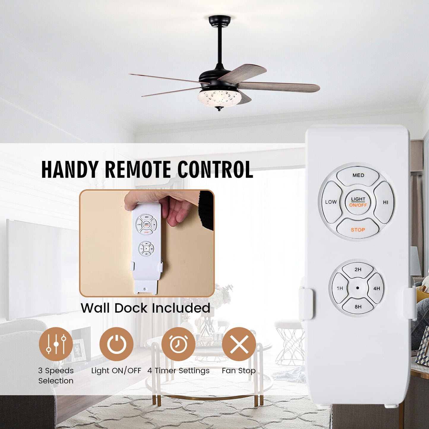 52 Inch Retro Ceiling Fan with Remote Control & Dual-Finish Oak Blades