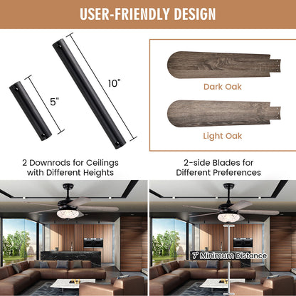 52 Inch Retro Ceiling Fan with Remote Control & Dual-Finish Oak Blades