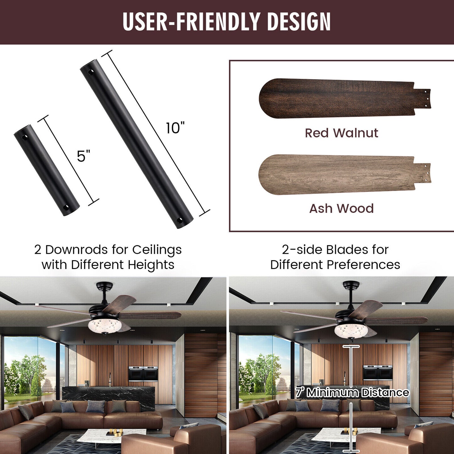52 Inch Retro Ceiling Fan with Remote Control & Dual-Finish Walnut Blades