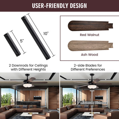 52 Inch Retro Ceiling Fan with Remote Control & Dual-Finish Walnut Blades