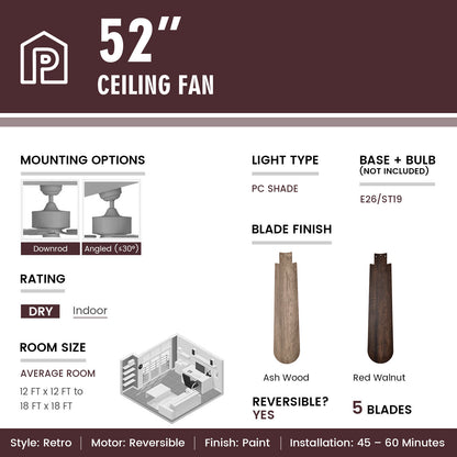 52 Inch Retro Ceiling Fan with Remote Control & Dual-Finish Walnut Blades
