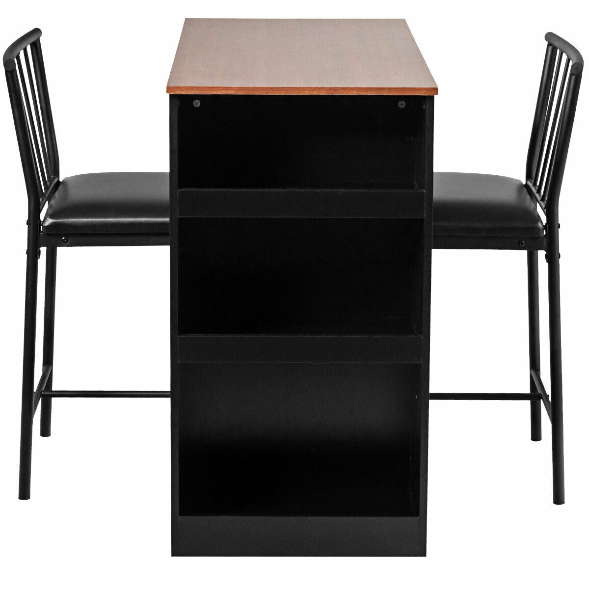 3 Piece Counter Height Dining Set with Storage Shelves and PU Leather Chairs in Brown Wood Finish