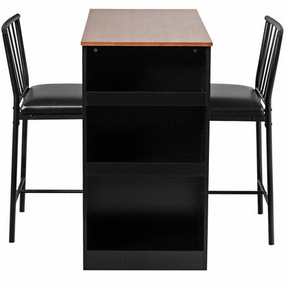 3 Piece Counter Height Dining Set with Storage Shelves and PU Leather Chairs in Brown Wood Finish