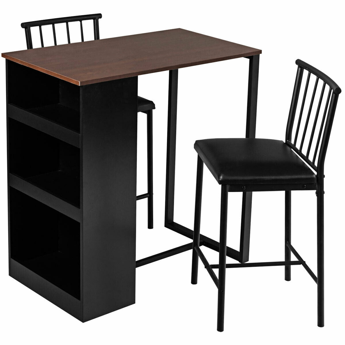 3 Piece Counter Height Dining Set with Storage Shelves and PU Leather Chairs in Brown Wood Finish