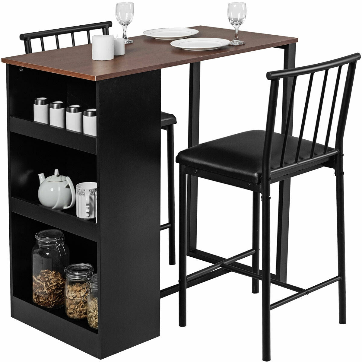 3 Piece Counter Height Dining Set with Storage Shelves and PU Leather Chairs in Brown Wood Finish