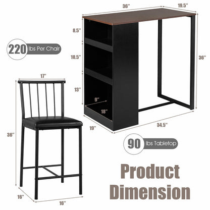 3 Piece Counter Height Dining Set with Storage Shelves and PU Leather Chairs in Brown Wood Finish