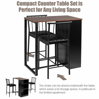 3 Piece Counter Height Dining Set with Storage Shelves and PU Leather Chairs in Brown Wood Finish