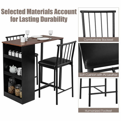 3 Piece Counter Height Dining Set with Storage Shelves and PU Leather Chairs in Brown Wood Finish