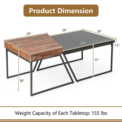 Set of 2 Coffee Tables with Metal Frames and Spacious Wooden Tops