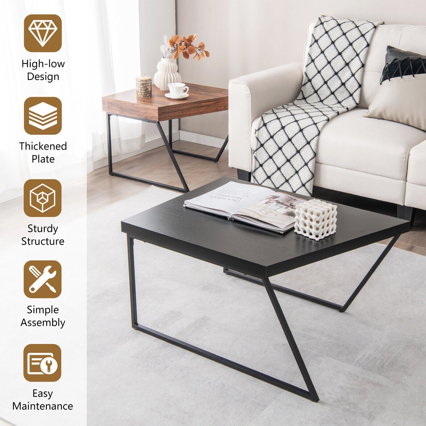 Set of 2 Coffee Tables with Metal Frames and Spacious Wooden Tops