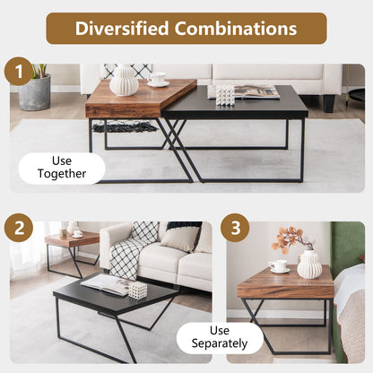 Set of 2 Coffee Tables with Metal Frames and Spacious Wooden Tops
