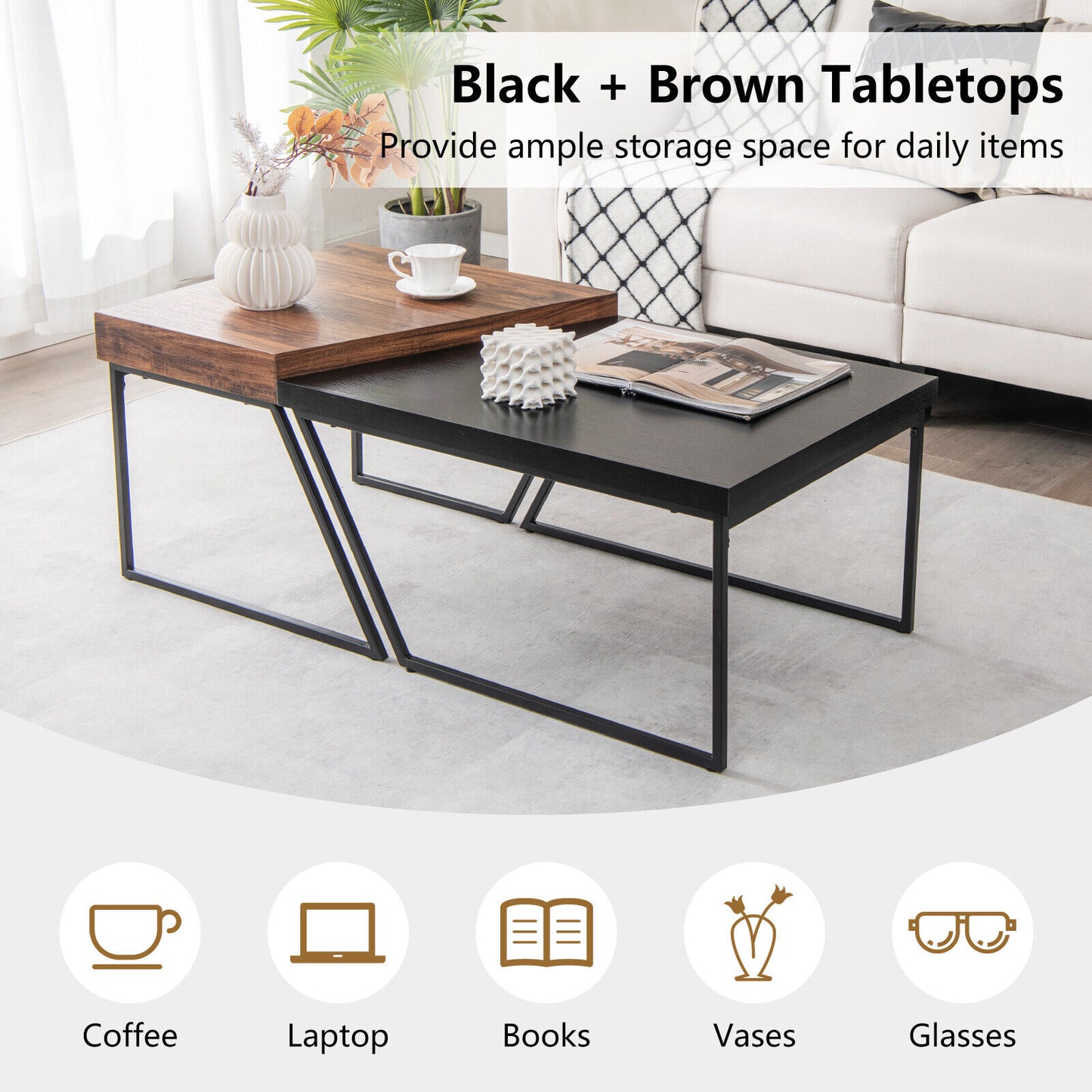 Set of 2 Coffee Tables with Metal Frames and Spacious Wooden Tops
