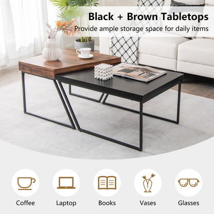 Set of 2 Coffee Tables with Metal Frames and Spacious Wooden Tops