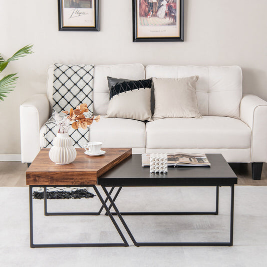 Set of 2 Coffee Tables with Metal Frames and Spacious Wooden Tops