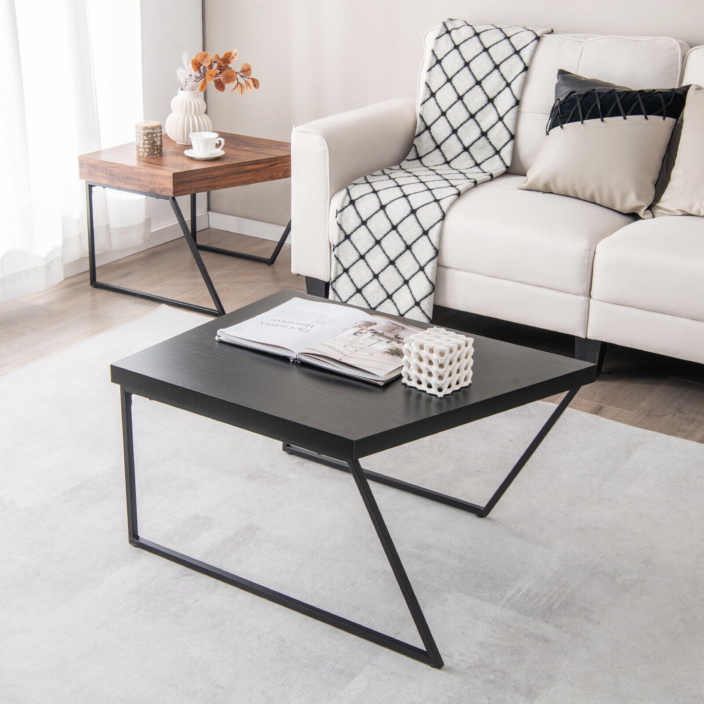 Set of 2 Coffee Tables with Metal Frames and Spacious Wooden Tops