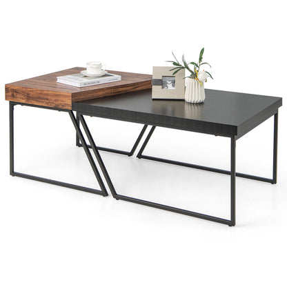 Set of 2 Coffee Tables with Metal Frames and Spacious Wooden Tops