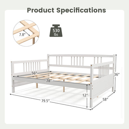 Full Size Wooden Daybed Frame with Decorative Guardrails and Underbed Clearance – White
