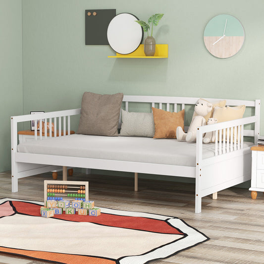 Full Size Wooden Daybed Frame with Decorative Guardrails and Underbed Clearance – White