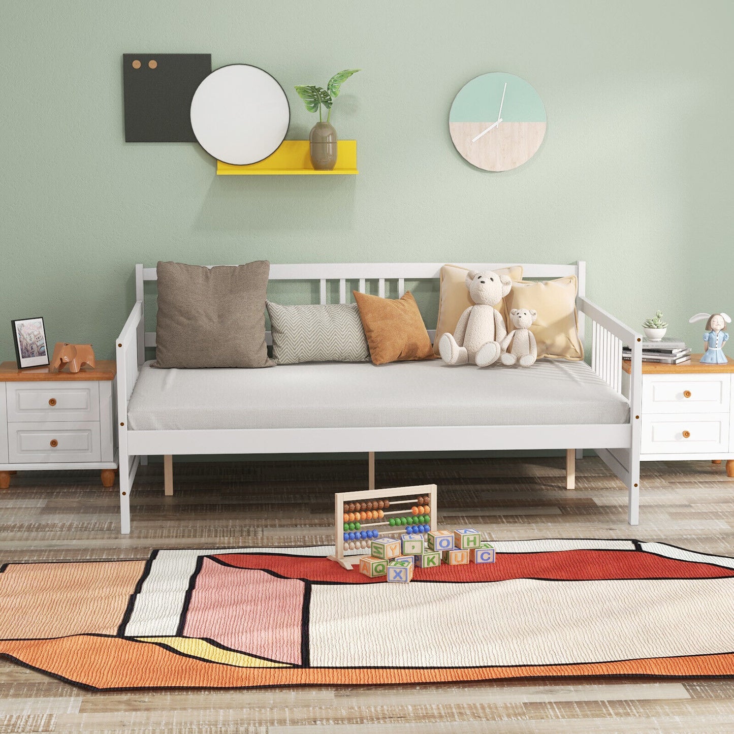 Full Size Wooden Daybed Frame with Decorative Guardrails and Underbed Clearance – White