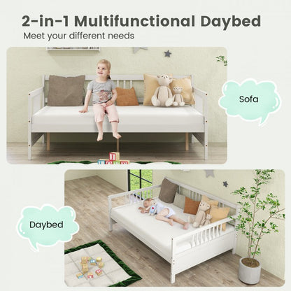Full Size Wooden Daybed Frame with Decorative Guardrails and Underbed Clearance – White