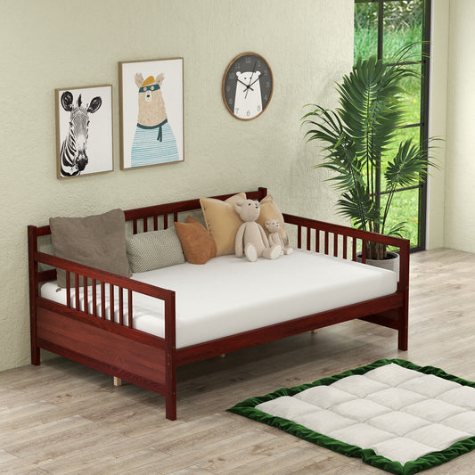 Full Size Wooden Daybed Frame with Decorative Guardrails and Underbed Clearance – Brown