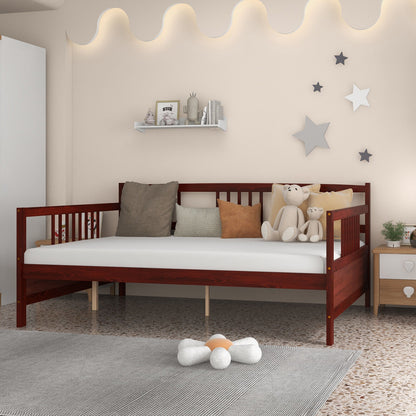 Full Size Wooden Daybed Frame with Decorative Guardrails and Underbed Clearance – Brown