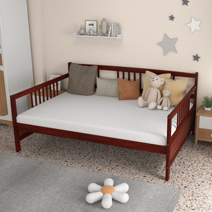 Full Size Wooden Daybed Frame with Decorative Guardrails and Underbed Clearance – Brown