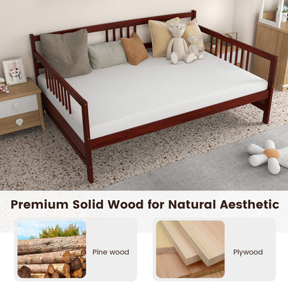 Full Size Wooden Daybed Frame with Decorative Guardrails and Underbed Clearance – Brown