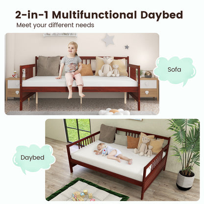 Full Size Wooden Daybed Frame with Decorative Guardrails and Underbed Clearance – Brown