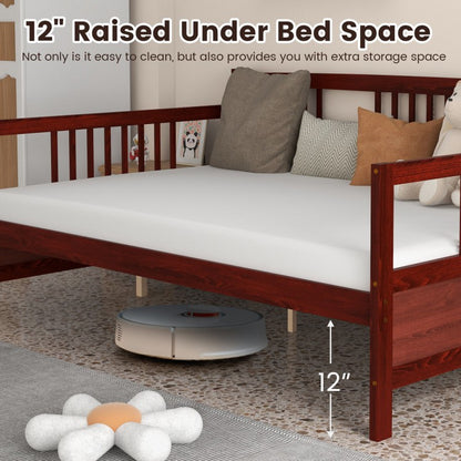 Full Size Wooden Daybed Frame with Decorative Guardrails and Underbed Clearance – Brown