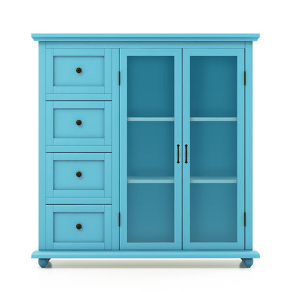 Buffet Sideboard Cabinet with Glass Doors and Storage Drawers for Kitchen or Dining Room - Blue
