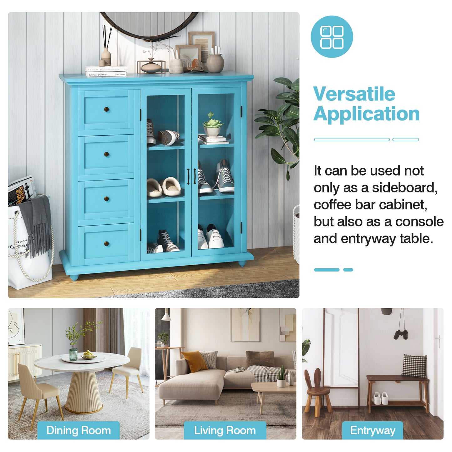 Buffet Sideboard Cabinet with Glass Doors and Storage Drawers for Kitchen or Dining Room - Blue