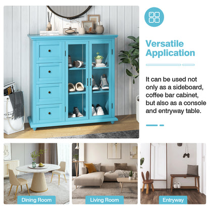 Buffet Sideboard Cabinet with Glass Doors and Storage Drawers for Kitchen or Dining Room - Blue