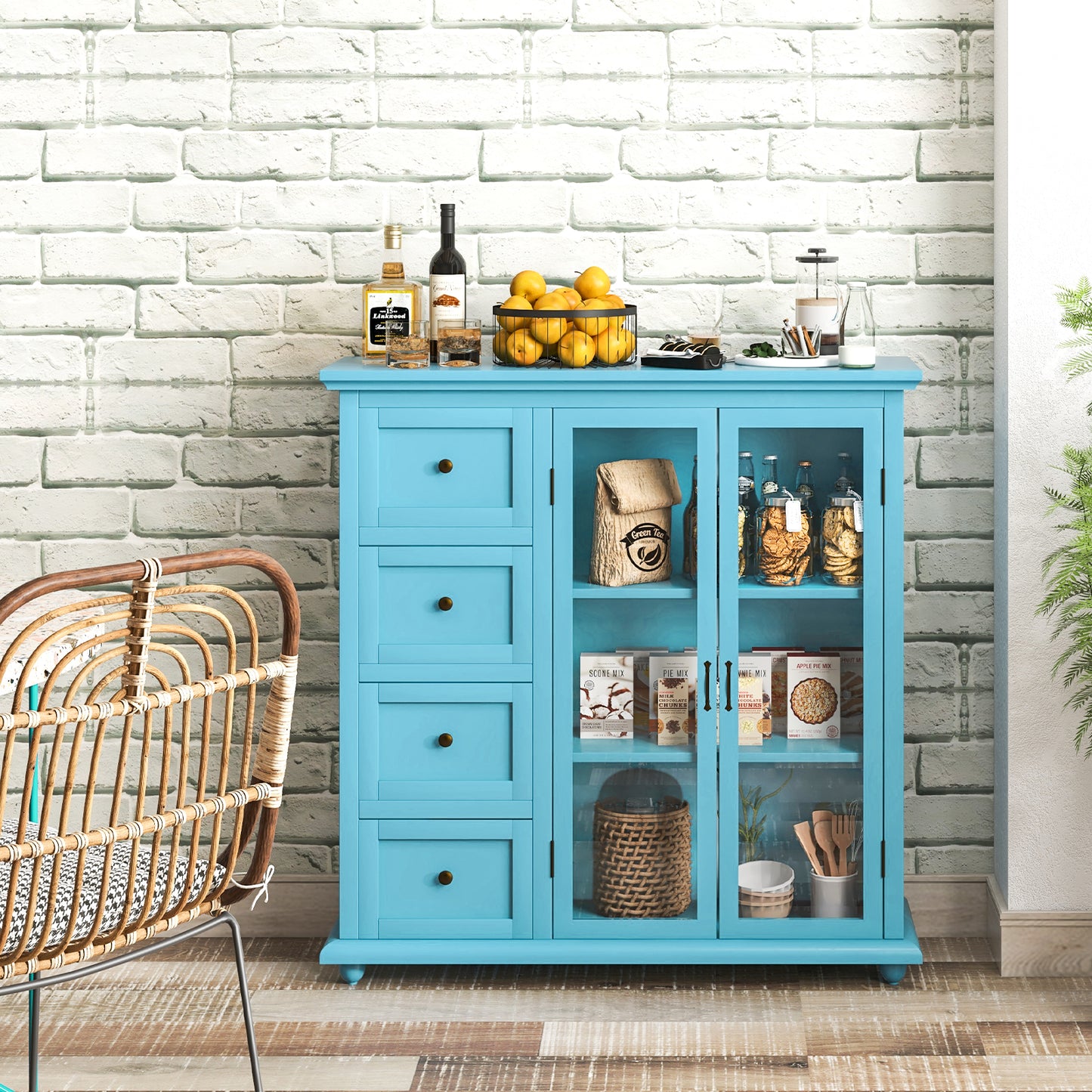 Buffet Sideboard Cabinet with Glass Doors and Storage Drawers for Kitchen or Dining Room - Blue