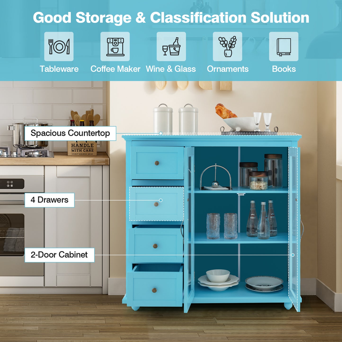 Buffet Sideboard Cabinet with Glass Doors and Storage Drawers for Kitchen or Dining Room - Blue