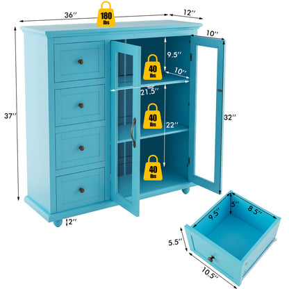 Buffet Sideboard Cabinet with Glass Doors and Storage Drawers for Kitchen or Dining Room - Blue