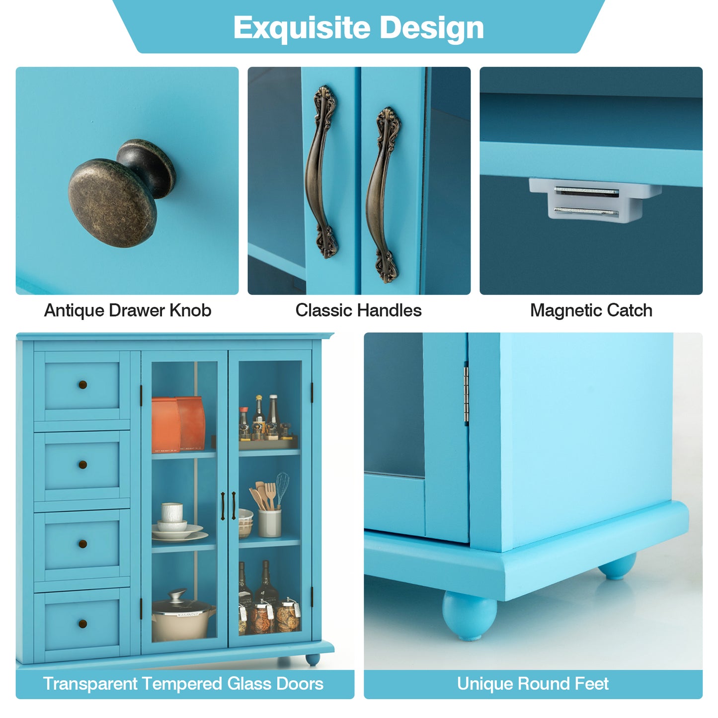 Buffet Sideboard Cabinet with Glass Doors and Storage Drawers for Kitchen or Dining Room - Blue