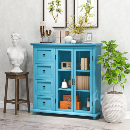 Buffet Sideboard Cabinet with Glass Doors and Storage Drawers for Kitchen or Dining Room - Blue