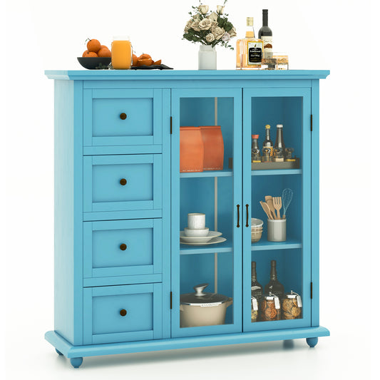 Buffet Sideboard Cabinet with Glass Doors and Storage Drawers for Kitchen or Dining Room - Blue