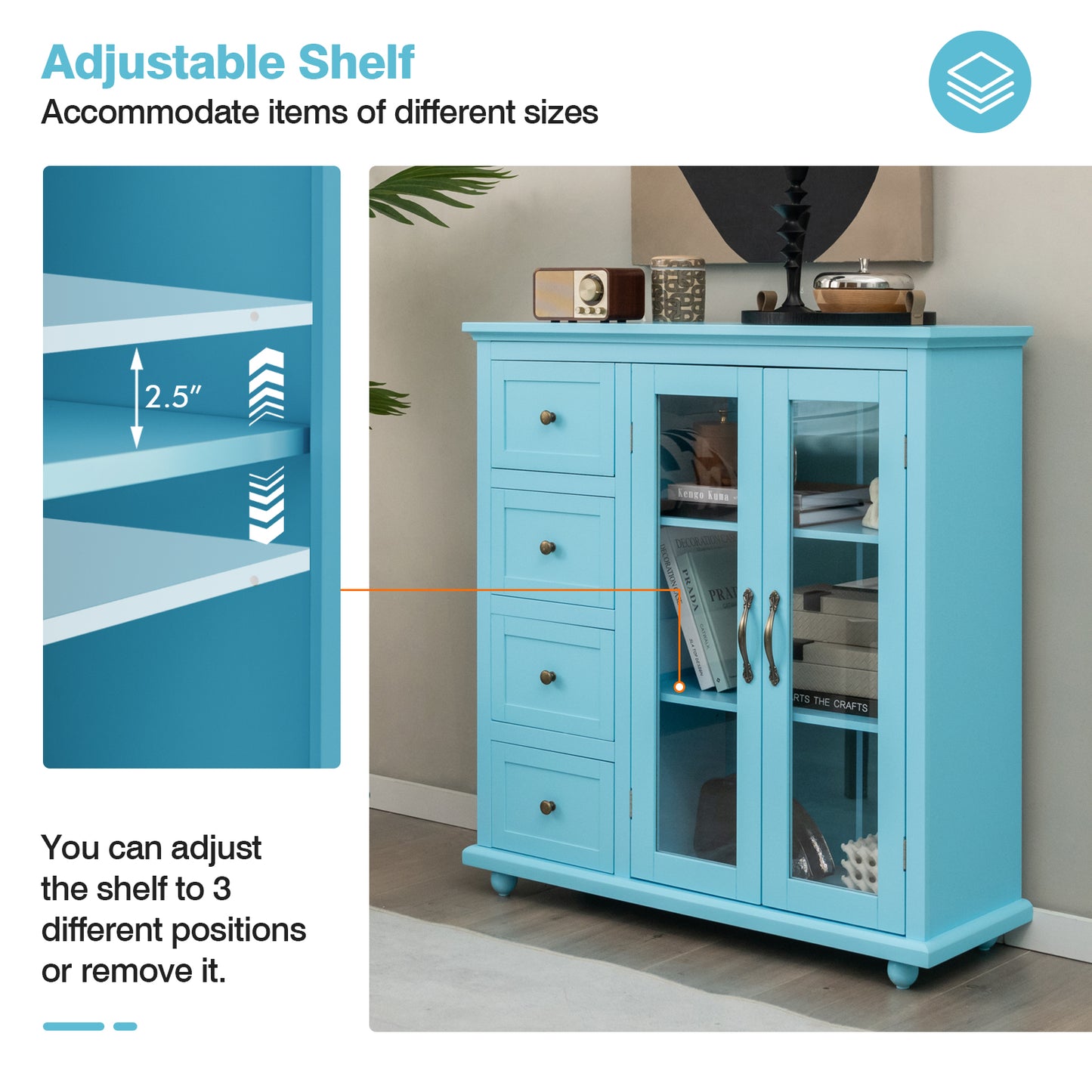 Buffet Sideboard Cabinet with Glass Doors and Storage Drawers for Kitchen or Dining Room - Blue