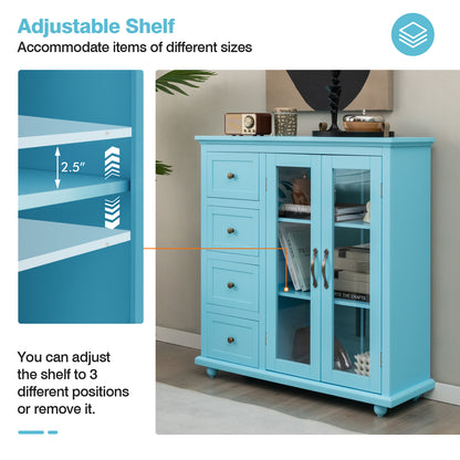 Buffet Sideboard Cabinet with Glass Doors and Storage Drawers for Kitchen or Dining Room - Blue