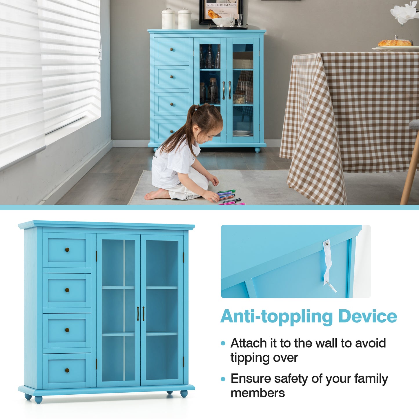 Buffet Sideboard Cabinet with Glass Doors and Storage Drawers for Kitchen or Dining Room - Blue