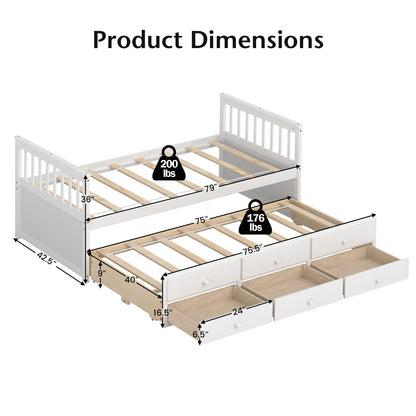 Wood Twin Captain’s Bed with Trundle and Three Storage Drawers for Kids or Guest Room White