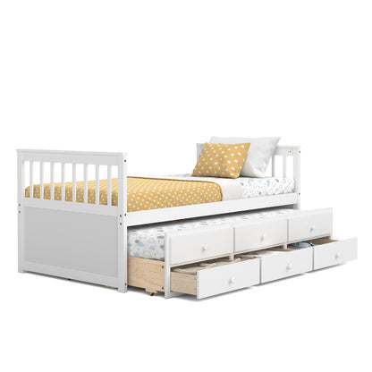 Wood Twin Captain’s Bed with Trundle and Three Storage Drawers for Kids or Guest Room White
