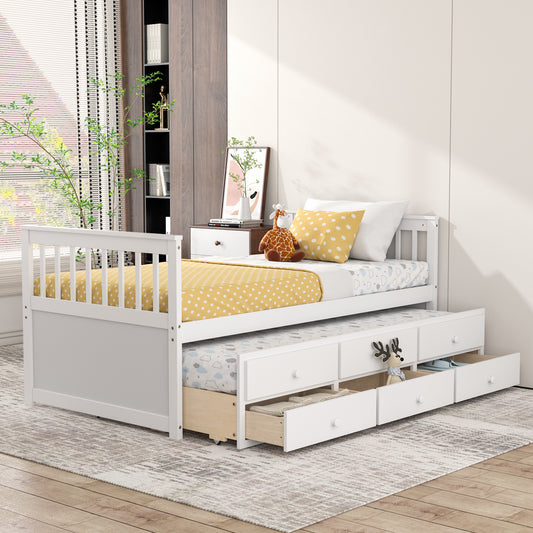 Wood Twin Captain’s Bed with Trundle and Three Storage Drawers for Kids or Guest Room White