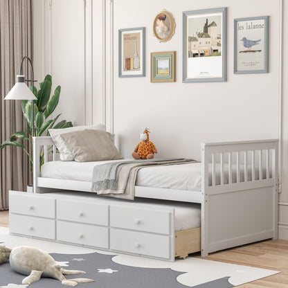Wood Twin Captain’s Bed with Trundle and Three Storage Drawers for Kids or Guest Room White